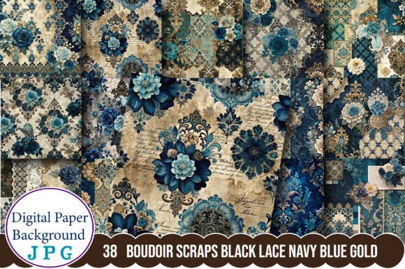 Download Boudoir Scraps Black Lace Navy Blue Gold - Black Collection
