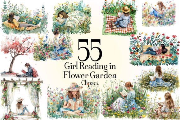 Download Girl Reading in Flower Garden Clipart - Flower garden Collection