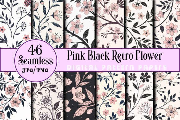 Download Seamless Pink Black Retro Flower Pattern - Black Collection