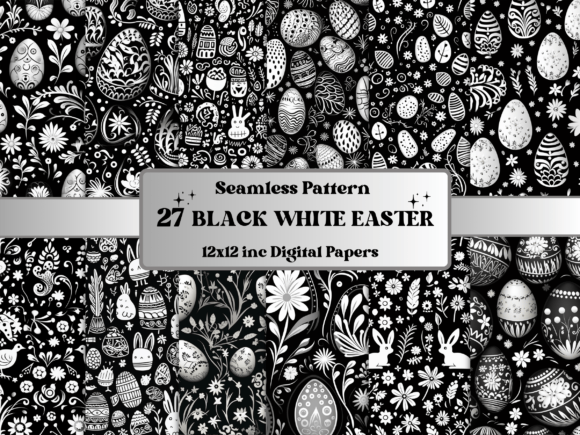 Download Black White Doodles Easter Pattern Paper - Black Collection
