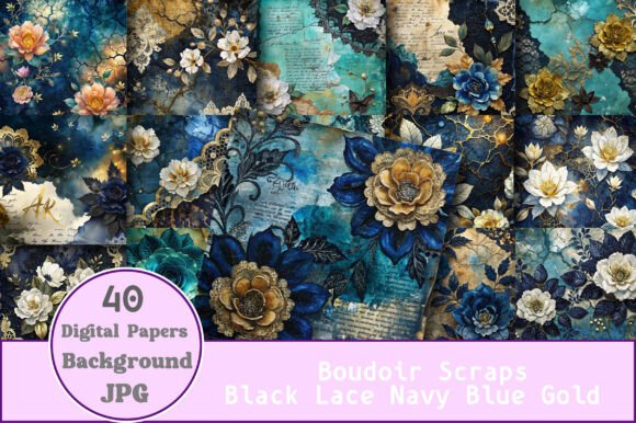 Download Boudoir Scraps Black Lace Navy Blue Gold - Black Collection
