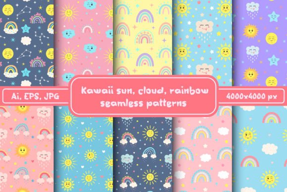 Download Kawaii Sun, Cloud, Rainbow Patterns Set - Rainbow pattern Collection
